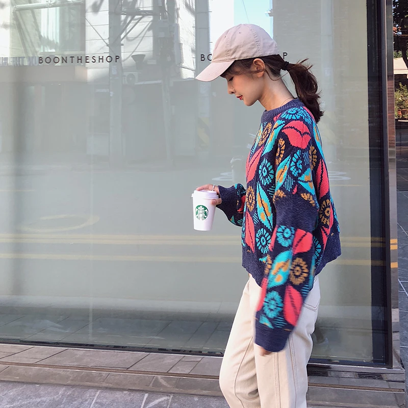 KINOMI Women's Pullover Sweaters Autumn Winter Vintage Leaf Printed O-Neck Long Sleeve Loose Sweater Top 2019 New Blue Christmas | Женская