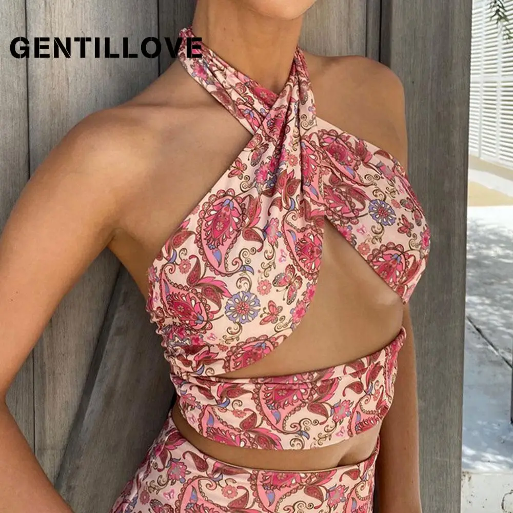 

Gentillove 2021 женская летняя винтажная вечевечерние с открытыми плечами Сексуальная Y2K Пляжная с принтом Холтер праздничный стиль майка