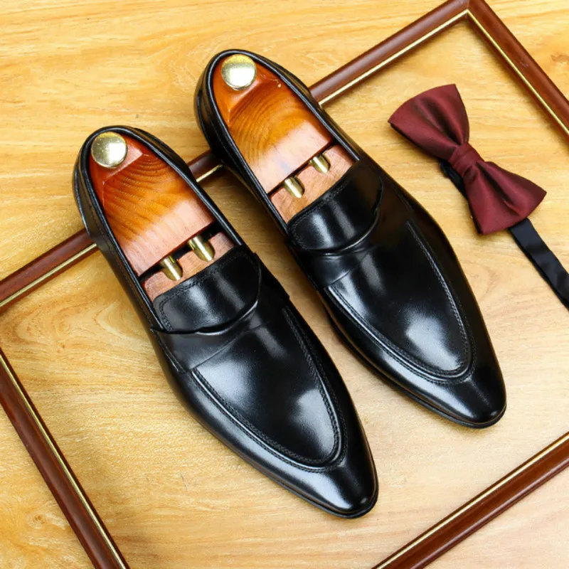 

2022 Mens Formal Shoes Italian Brand Fashion Genuine Leather Handmade Black Men Dress Shoes Wedding Loafers Size 46 Buty Meskie