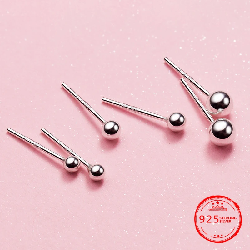 Женские серьги гвоздики с шариками из стерлингового серебра 925 пробы 3 / 4/5/6/8 мм