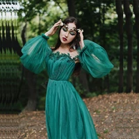 fairy green evening dresses illusion o neck puffy full sleeve vestido gown pearls appliques tulle a line robe de soiree