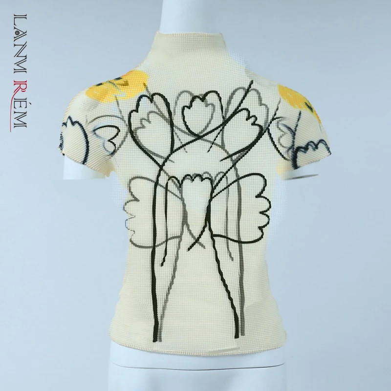 

LANMREM high quality niche pleated tops for women 2022 summer new trend stretch fabric printting apricot t-shirt tee famale