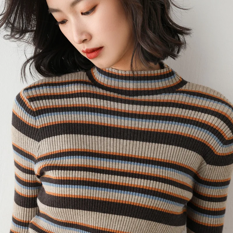 

Fall 2020 New Women's High Neck Long Sleeve Slim Half High Collar Color Matching Striped With Fashion Leisure Lady Sweater Top