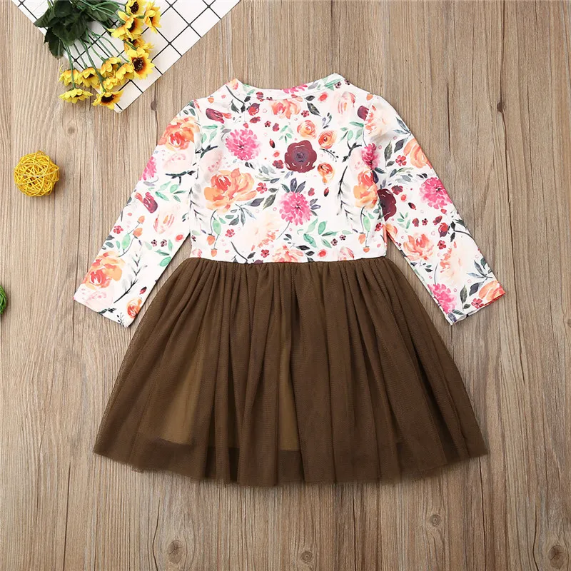 Pudcoco Autumn Toddler Baby Girls Kid Long Sleeve Christmas Floral Print Short Dress Tulle Skirt Dresses Outfit | Детская одежда и