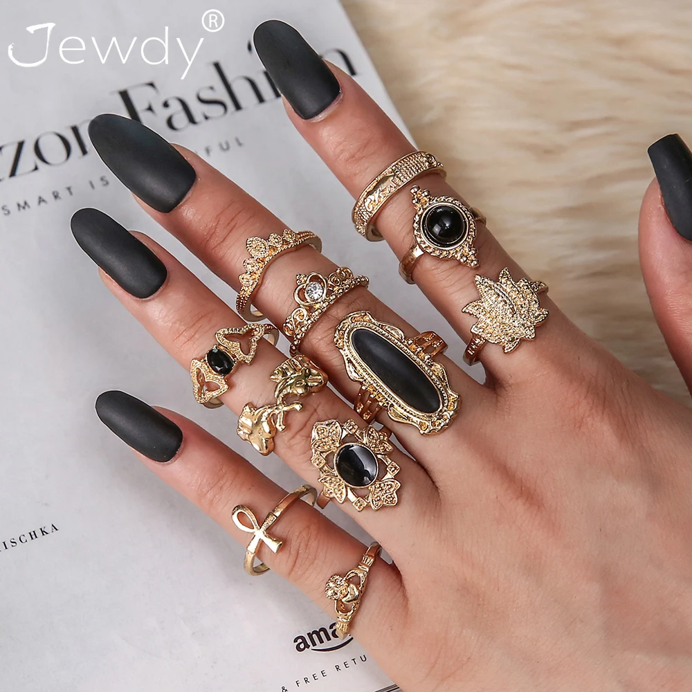 

2021 New Vintage Black Zirconia Rings For Women Exquisite Geometric Animal Finger Ring Set Fashion Cool Gold Unusual Jewelry