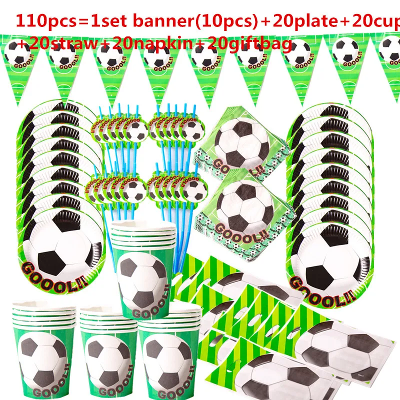 Juego de vajilla desechable para ni&ntilde;os, vajilla con tem&aacute;tica de Copa Mundial de f&uacute;tbol, fiesta de cumplea&ntilde;os verde, servilletas, platos y vasos, suministros para fiesta, 1set-3