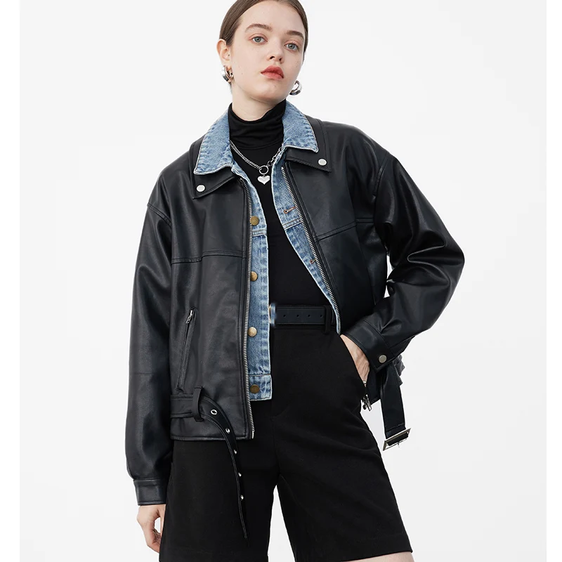 

Women Faux Leather Jacket Autumn 2021 Fashion Patchwork Denim Turn Down Collar Coat PU Motorcycle Jackets Loose Streetwear Outer
