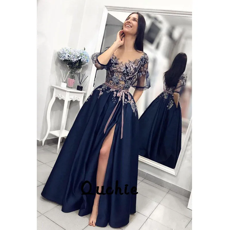 

See Through Slit Evening Dresses Navy Blue Custom Satin Special Occasion robe soiree Islamic Dubai Kaftan Saudi Arabic Prom Gown