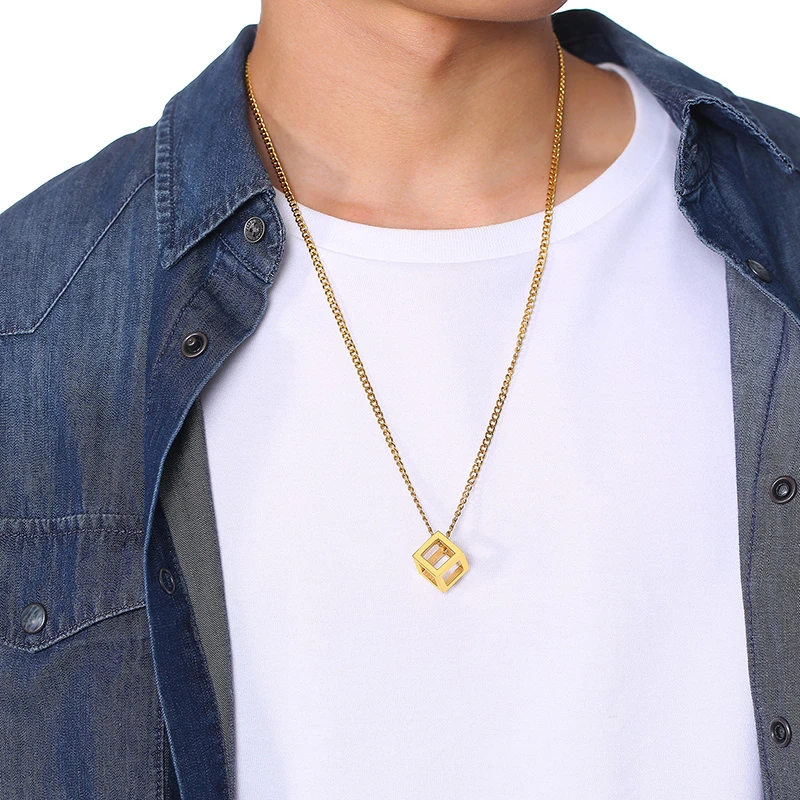 Men Rock Punk Cube Shaped Pendant Necklace 4 Colors Stainless Steel Casual Male Jewelry with 24&quot Curb Chain | Украшения и