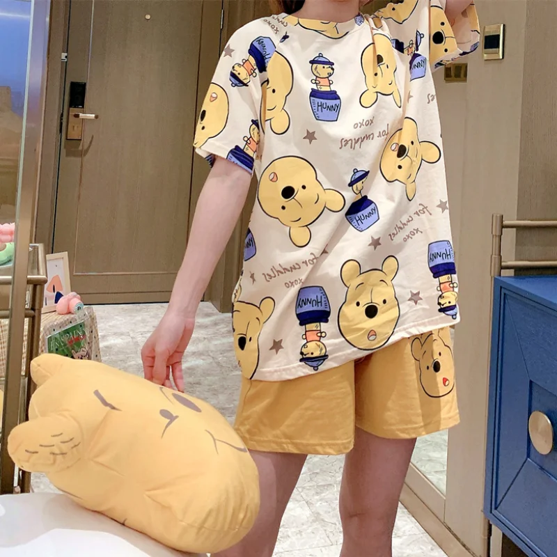 M-2XL Oversize Disney Anime Winnie the Pooh Kawaii Pjamas for Women Short Sleeve T Shirt and Shorts Casual Home Wear Shorts Sets