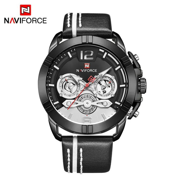 BLACK BLACK WHITE Брендовые Роскошные мужские часы NAVIFORCE модные кожаные кварцевые часы военные спортивные наручные часы с хронографом Relogio Masculino - Цвет: BLACK BLACK WHITE