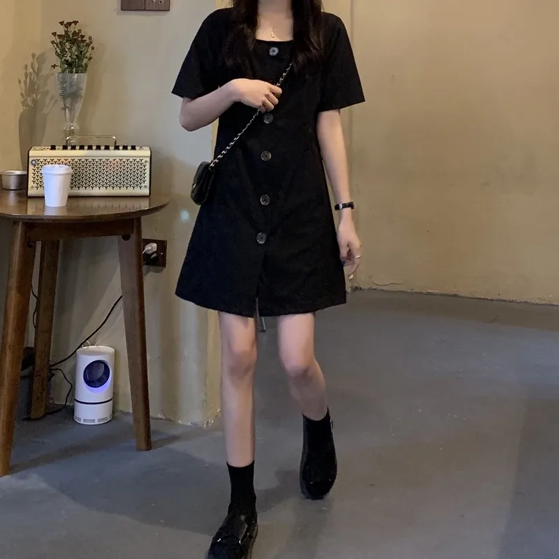 

Vintage Square Collar Short Sleeve Black Mini Dress Summer New Fashion Brand Button Loose A-line Dresses for Women Clothing 2021