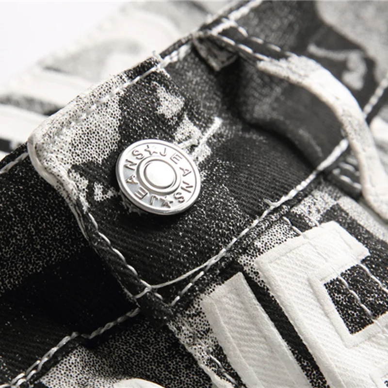 New European American Men's Jeans Flowered Trousers Digital Print Trousers Slim Fashion Stretch Small Foot Casual Pants