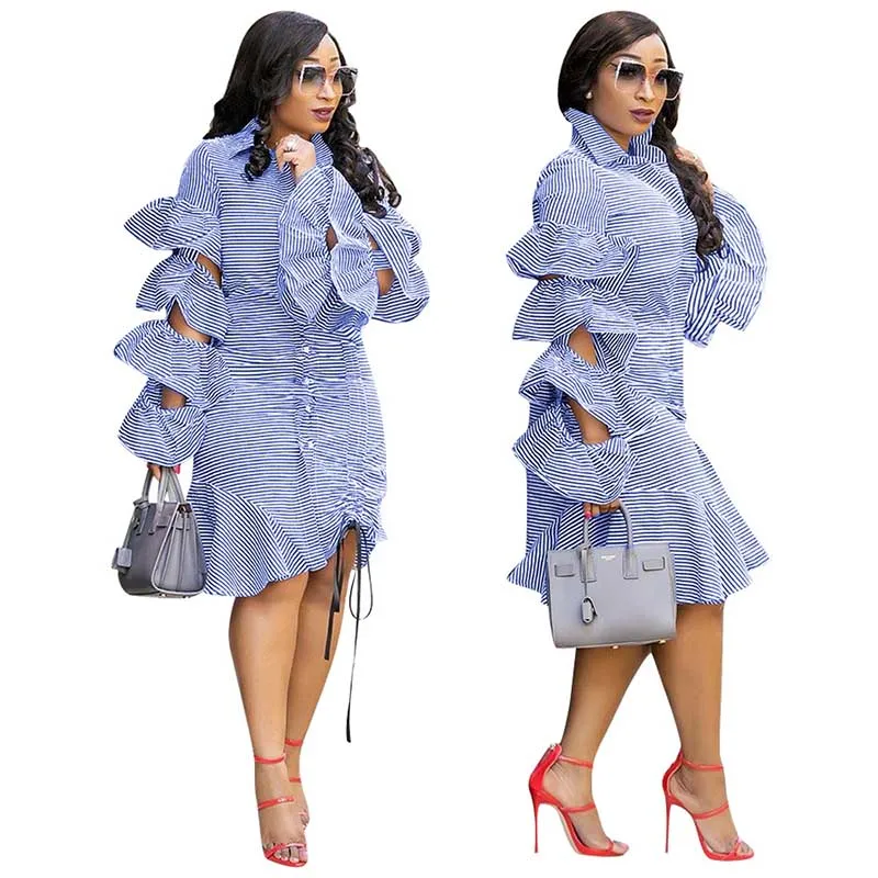 

Blue Striped Irregular Shirt Dress Women 2021 Autumn Cascading Ruffles Sleeve Button Midi Dress Casual Party Dresses For Ladies