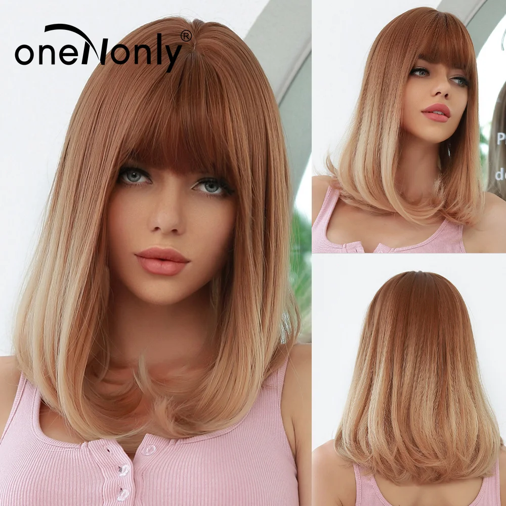 

oneNonly Short Straight Ombre Brown Blond Synthetic Wigs with Bangs for Women Bob Wig Heat Resistant Lolita Cosplay wig