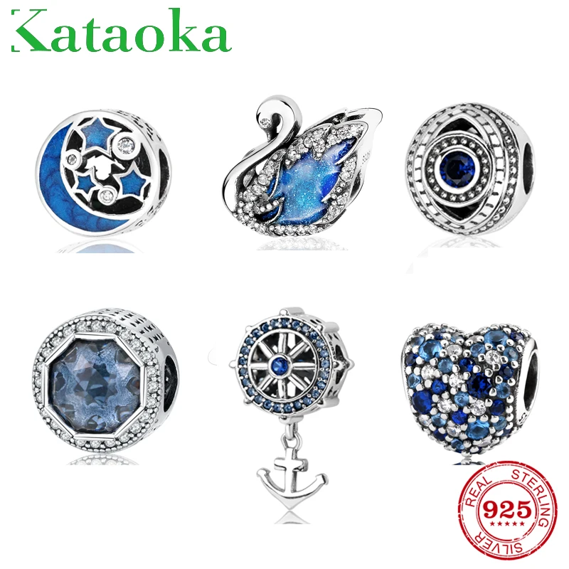 925 пробы серебряные голубые шармы бусины Лебедь Якорь Сердце и круглой формы CZ