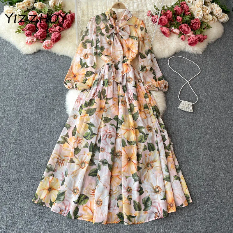 

YIZZHOY Spring Autumn Print Casual Vacation Long Dress Women Retro Print Dress Sweet Bow Collar Puff Sleeve A-line Dresses