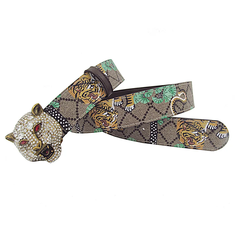

Western Rhinestone Tiger Buckle Tiger Print Leather Men Belt Fashion Jeans Causal Pants Men Belt High quality 2020