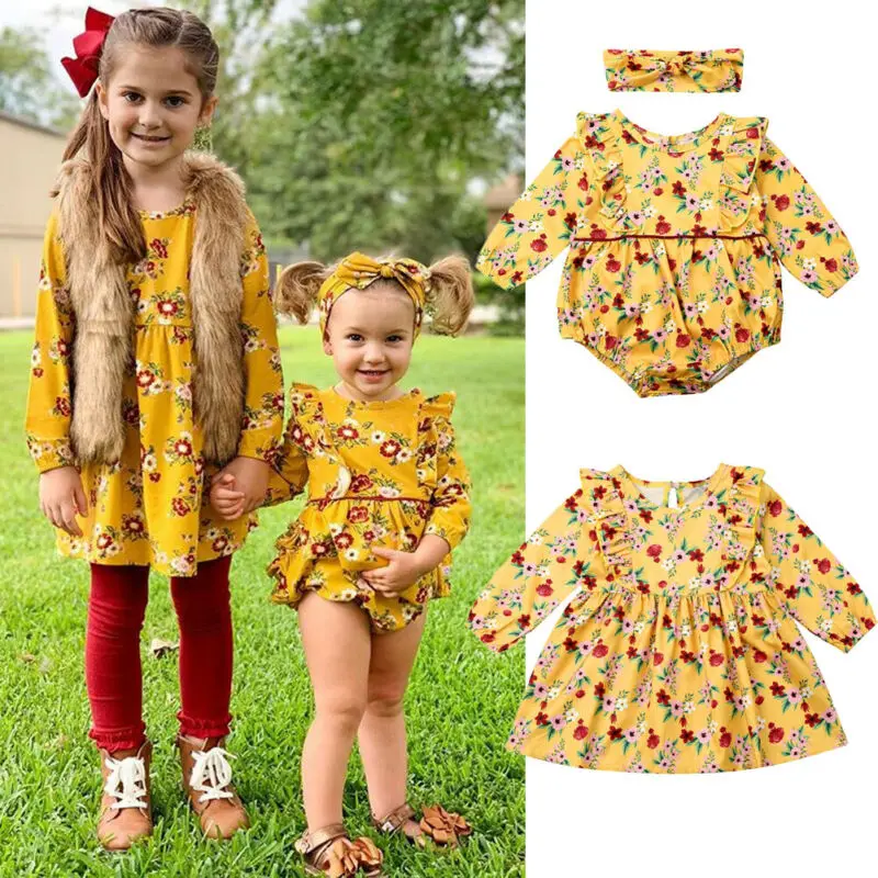 Осенняя Одинаковая одежда для крупных сестер Детские платья с длинными рукавами