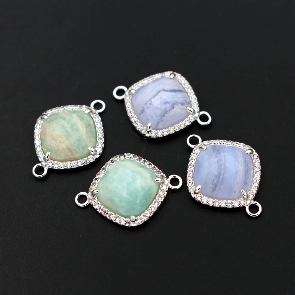 10pcs Square Natural Blue Chalcedony Amazonite Stone Pendant Charms Connector CZ Paved For Bracelet Earrings Jewelry Making DIY