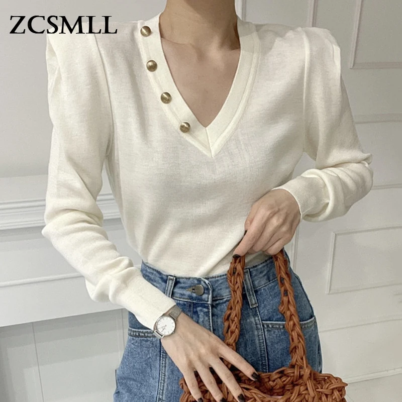 

ZCSMLL Korea temperament V-neck metal button decoration loose pullover long-sleeved bottoming sweater sweater women