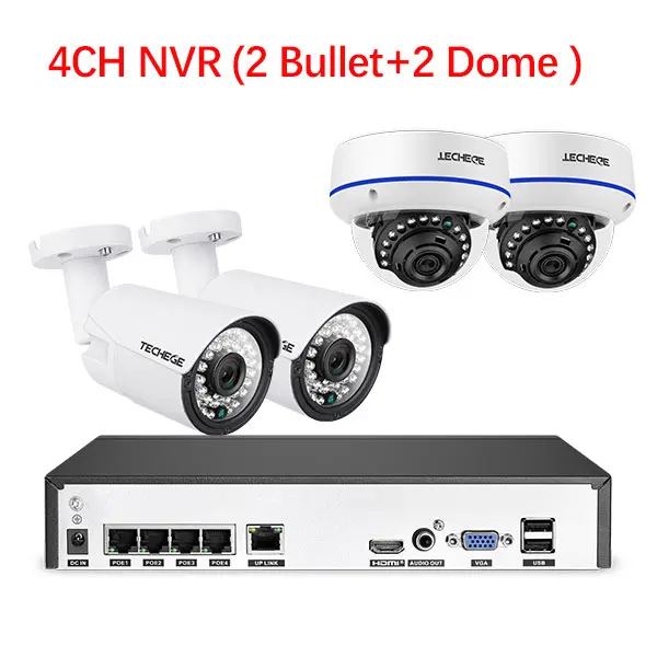 2dome 2bullet kit Techege 4CH 1080P H.265 POE NVR аудио-видео система 2-мегапиксельная Крытая уличная ip-камера Водонепроницаемая электронная почта оповещение система видеонаблюдения - Цвет: 2dome 2bullet kit