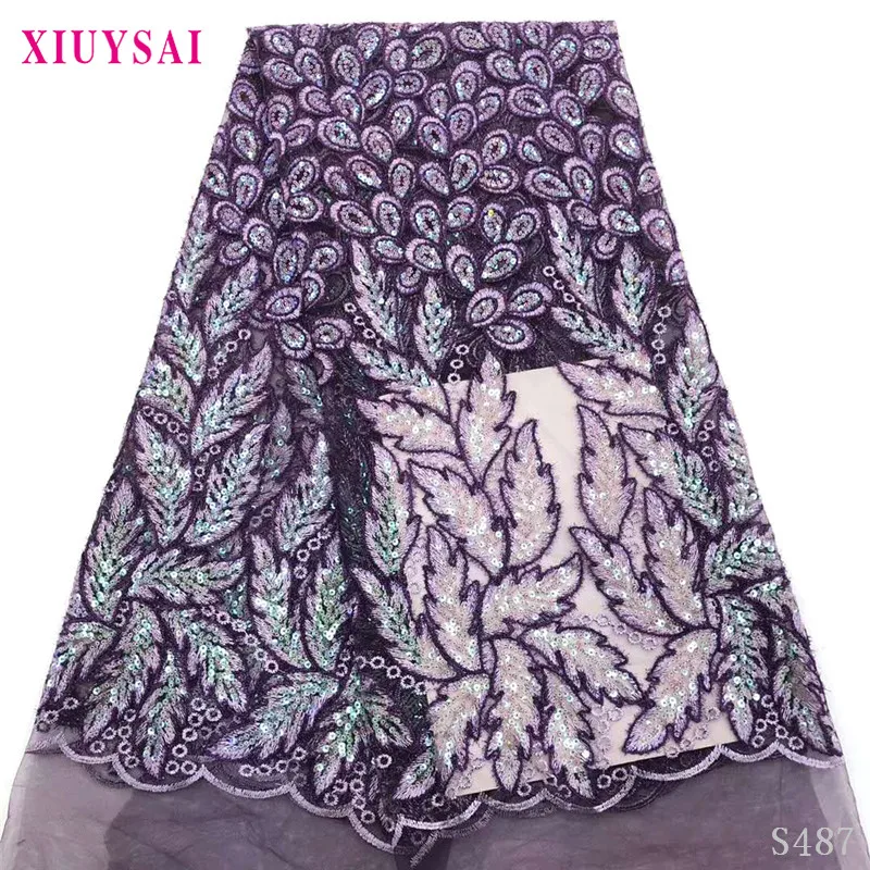 Новейшая фиолетовая кружевная ткань с блестками Высококачественная африканская