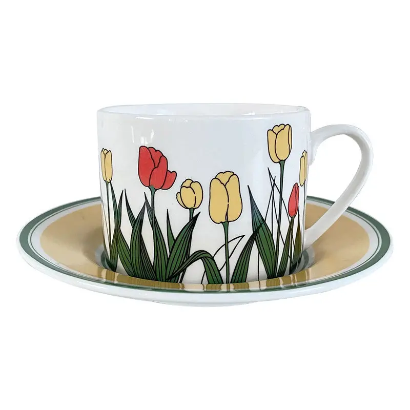 

Mug Pastoral Style Coffee Cup Saucer Set Ceramic Mug Hand Painted Tulip Bear Cup Cute Girls Afternoon Tea Cup Dessert Plate