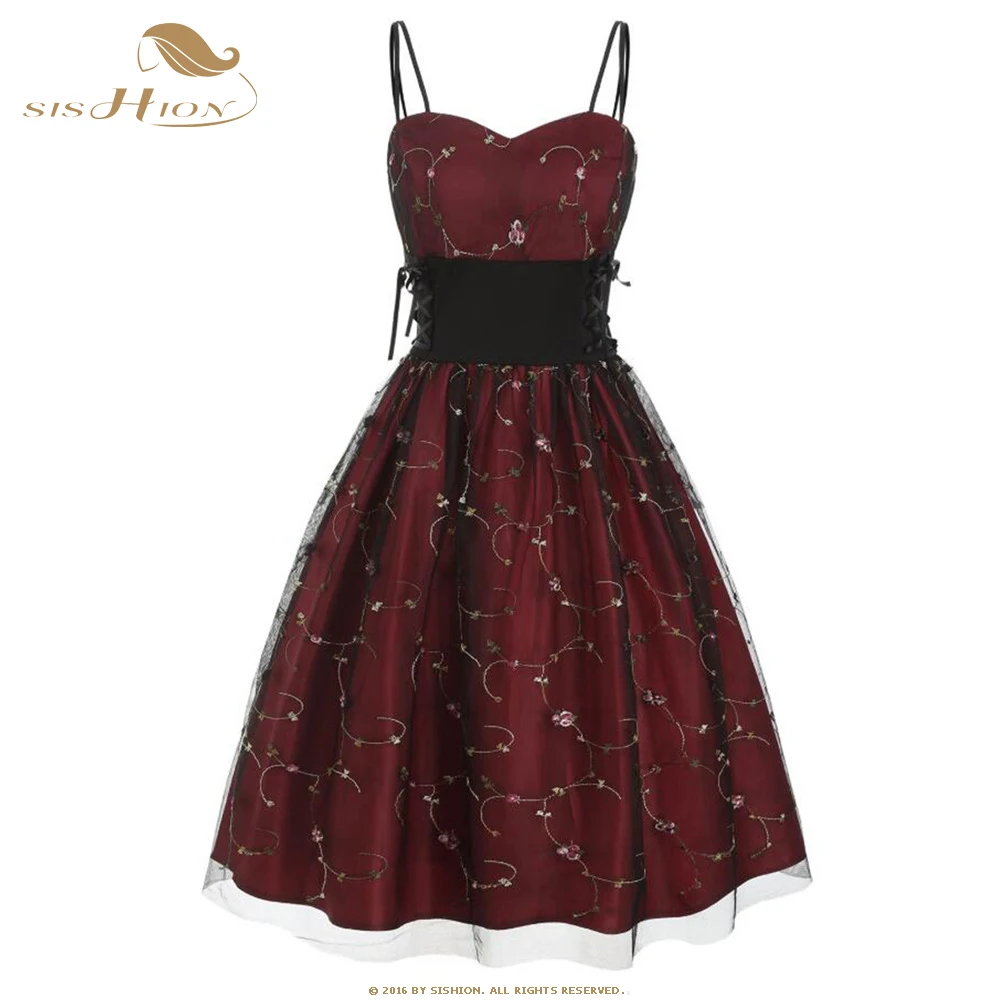 

Женское трикотажное платье с вышивкой SISHION, элегантное вечернее вечерние в стиле ретро с высокой талией, SP1415