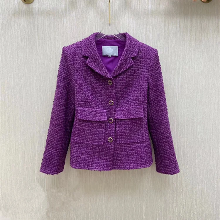 

women's European and American wear 2021 winter new style Long-sleeved suit collar Fashion single breasted Purple tweed coat