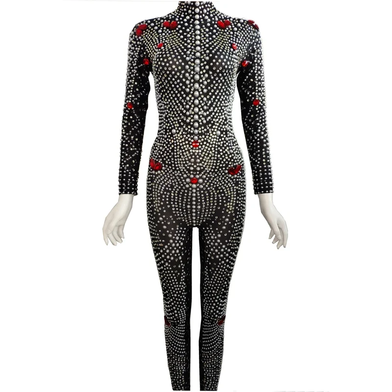

Sparkly Rhinestones Jumpsuit Pearls Crystals Spandex Rompers Women Party Celebrity Birthday Outfit Stage Costume Nightclub Wear