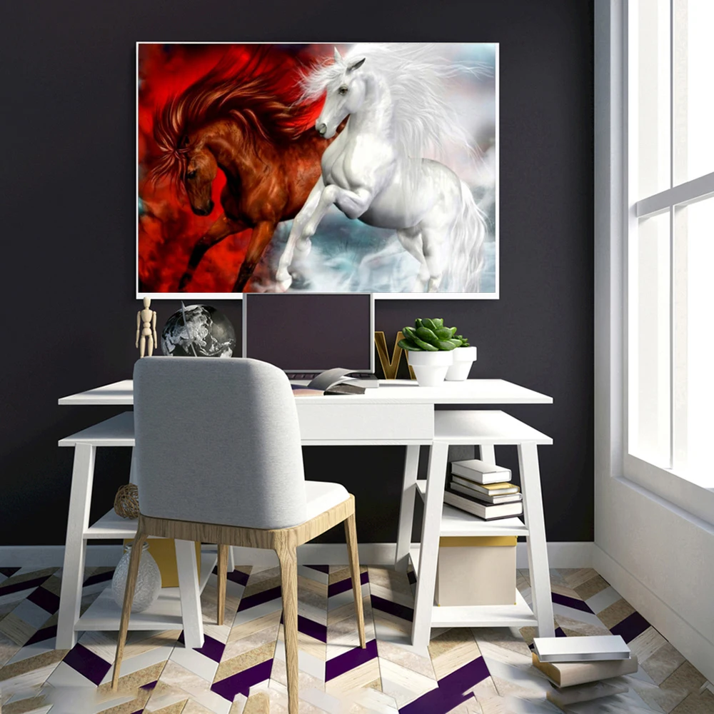 5d diy crystal mosaic cross stitch Red and White Horses kits Diamond Embroidery animal painting landscape picture | Дом и сад