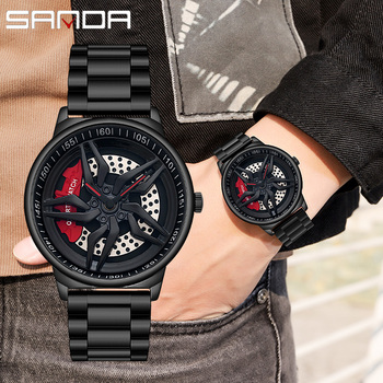 SANDA Car Wheel Watch Men Quartz Rotating Dial Waterproof Sport Steel Clock Creative Rim Hub Wheel Wristwatch Relgio masculino-36799