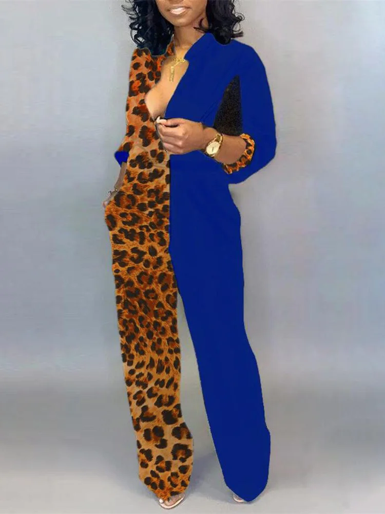 2020 Autumn Women Elegant Plus Size 3XL V Neck Casual Jumpsuits Female Party Leisure Plunge Colorblock Insert Leopard Jumpsuit | Женская
