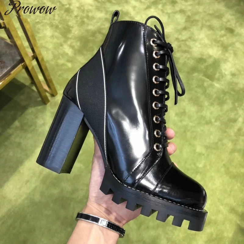 

Prowow Genuine Leather Round Toe Sexy Platform Strips Chunky Heel Autumn Winter Boots Shoes Women Lace Up Branded Boots