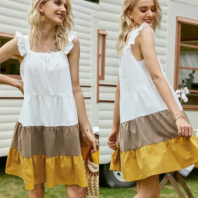 

2020 New Fashion Women's Dress Ruffle Midi Loose Round-Neck Sleeveless Summer Patchwork Girl Clothes Casual Color Block Dress