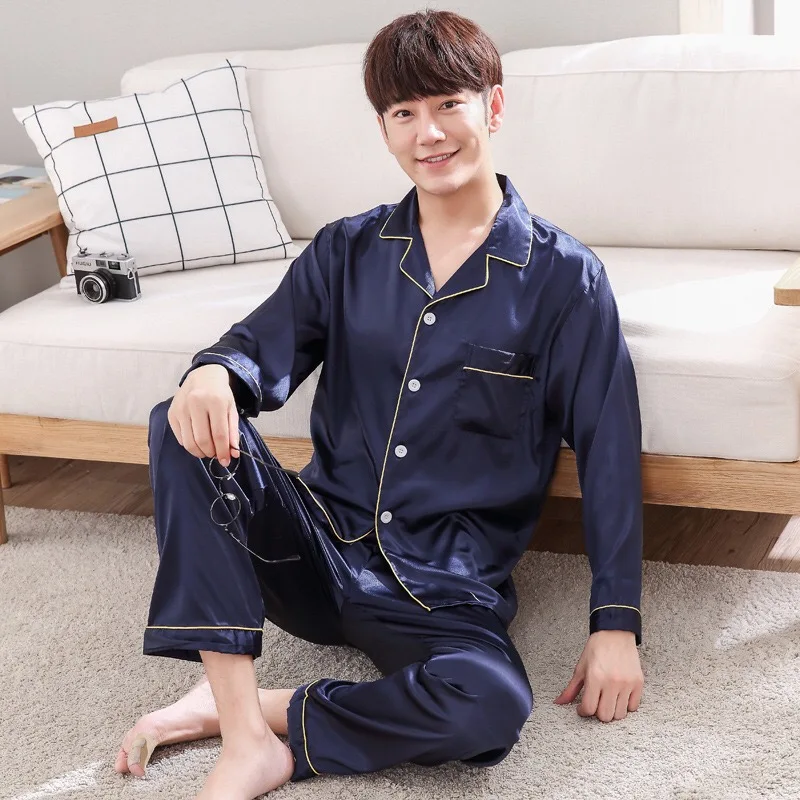 

Sleep Lounge Big Size M-3XL Satin Silk Pajamas Long Men 2019 New Autumn Sleepwear Male Pajama Set Soft Nightgown For Men Pyjamas