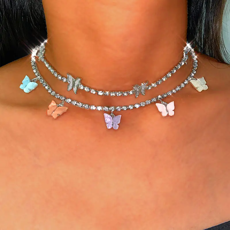 

Trendy Colorful Acrylic Cute Butterfly Tennis Chain Necklace For Women Boho Butterfly Shiny Rhinestone Clavicle Necklace Jewelry