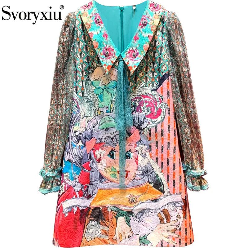 

Svoryxiu 2020 Autumn Winter Fashion Runway Short Dresses Women's Sexy V-Neck Lantern Sleeve Cartoons Print Vintage Dress