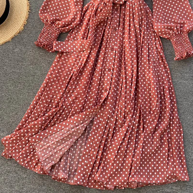 

Spring Summer French Vintage Maxi Dress 2021 Sundress Ladies Long Sleeve White Polka Dot Print Chiffon Pleated Dress
