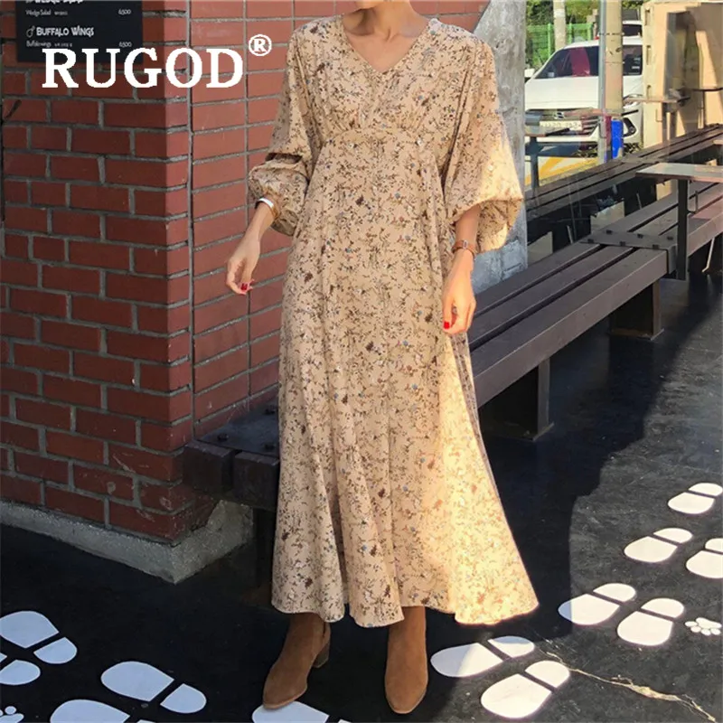 RUGOD 2020 Весна Ретро цветочное корейское макси платье полный рукав Топ для женщин