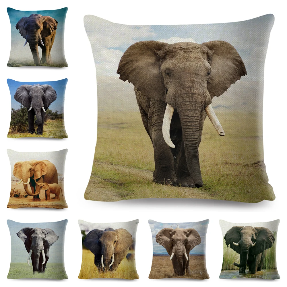 

Linen Africa Elphant Cushion Cover for Car Sofa Home Decor Wild Animal Pattern Print Pillowcase Polyester Pillow Case 45x45cm 쿠션