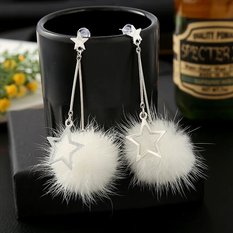 

Autumn Winter New Cute Fluffy Pom pom Metal Stars Long Drop Earrings For Women Korean Fashion Jewelry Hairball Dangle Earrings