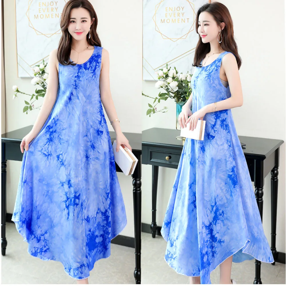 Длинное платье с принтом в стиле бохо синее Пляжное Платье макси цветочным