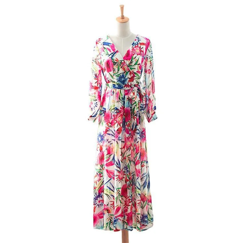 

Flower Print Long Sleeve Dress Spring Summer Casual Slim Sashes Long Dress Women Elegant Robe Party Dresses Plus Size S-5XL