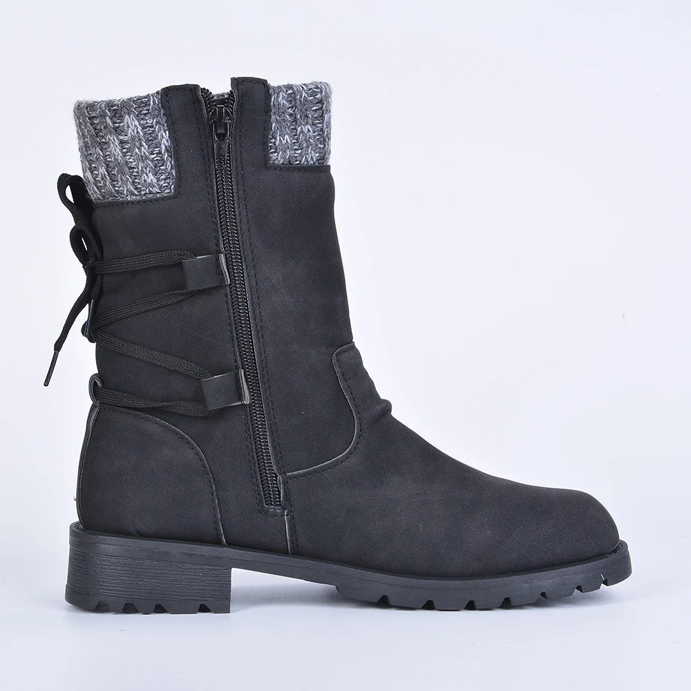 Puimentiua Winter Shoes Women Boots Basic Mid-Calf Boots Round Toe Zip Platform Decor Female Shoes Warm Lace Up Boots Shoes