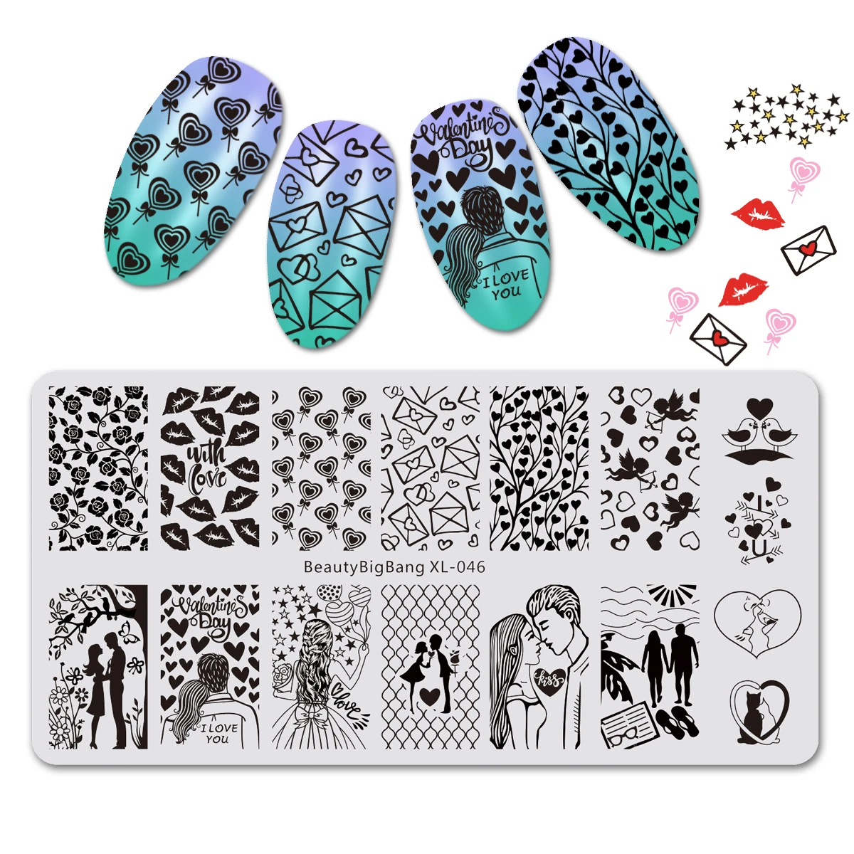 

Трафарет BEAUTYBIGBANG прямоугольный для ногтей, пластина для маникюра «сделай сам», с изображением сердца, цветов, День святого Валентина