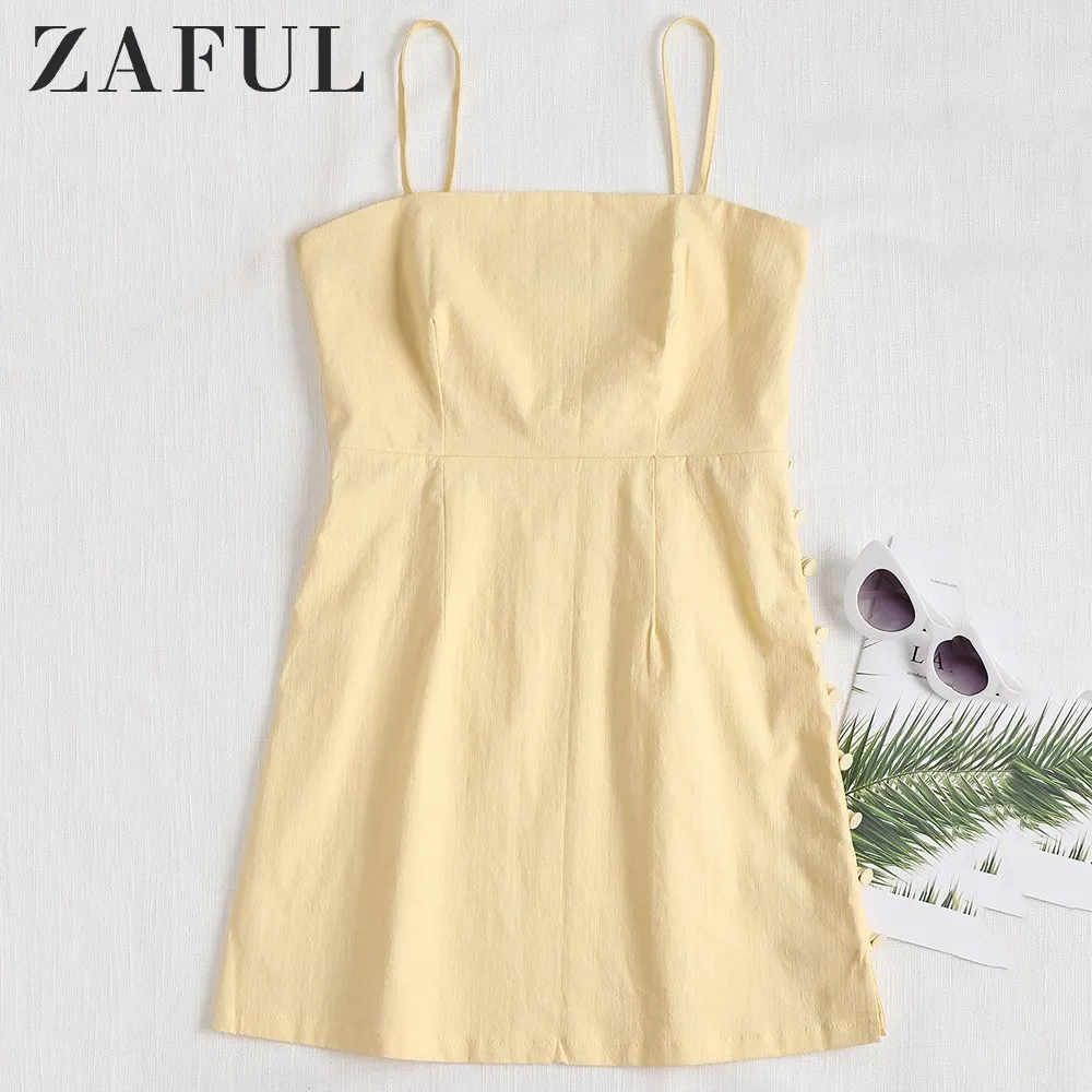 ZAFUL 5 Colors Side Buttons Slip A Line Dress Women Spaghetti Strap Sleeveless Mini Dresses Summer Beach Casual Vestidos | Женская