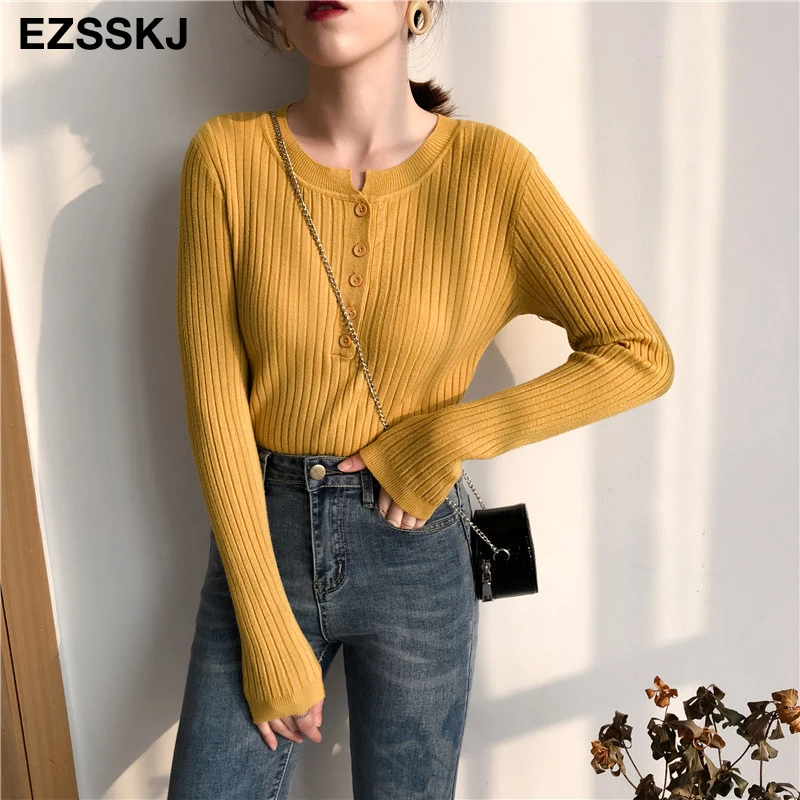2020 autumn winter thick Sweater Pullover women long sleeve Fashion O-Neck bling Button chic knit sweater top | Женская одежда
