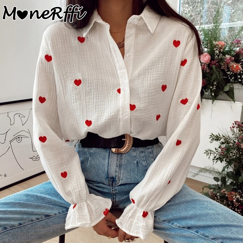 

MoneRffi Fashion Casual Turn Down Collar Blouses Women Elegant Long Ruffles Sleeve Shirts Women Red Heart Embroidery Tops Ladies